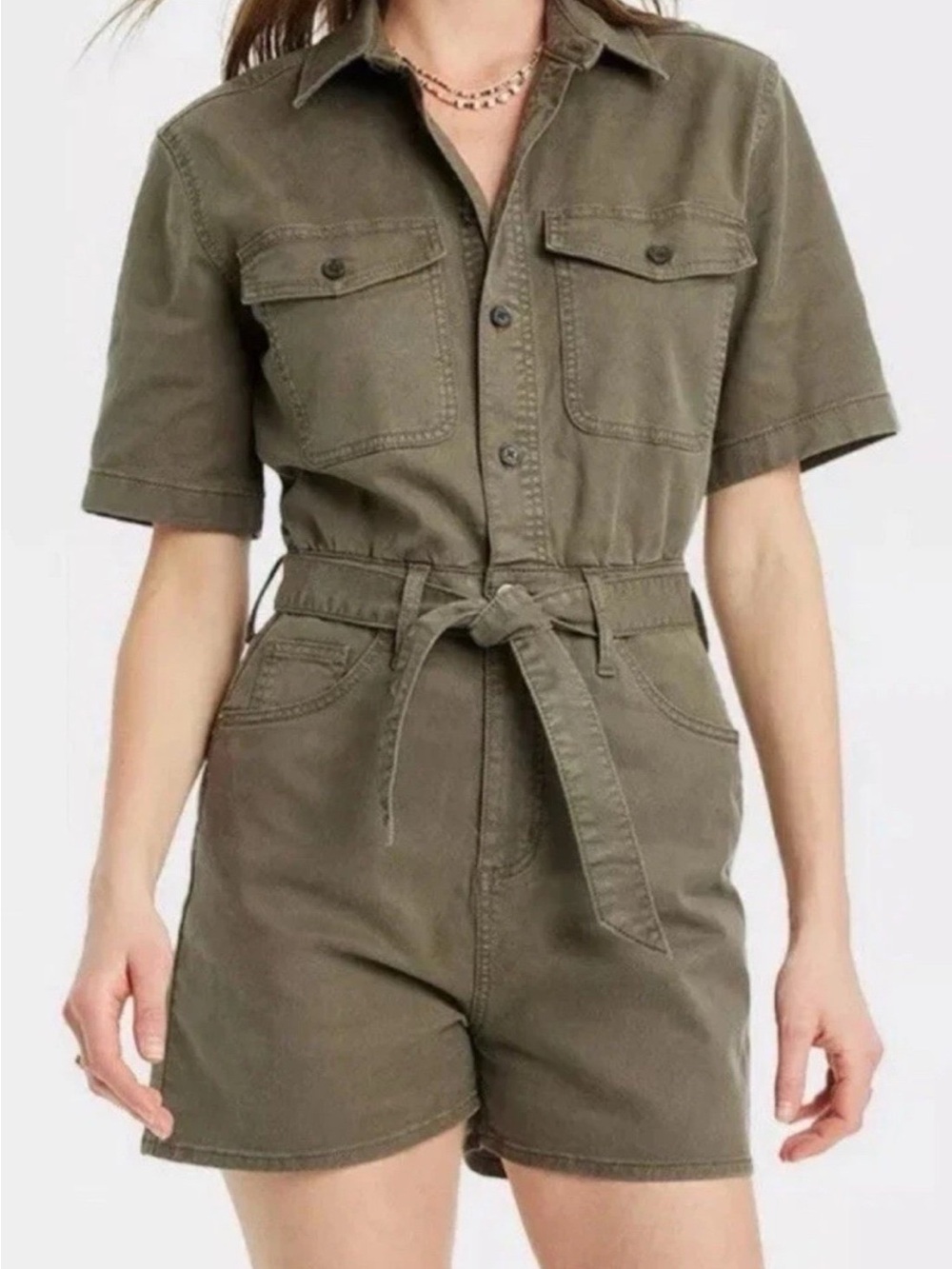 Universal Thread Olive Green Short-Sleeve Utility Romper with Tie Waist
